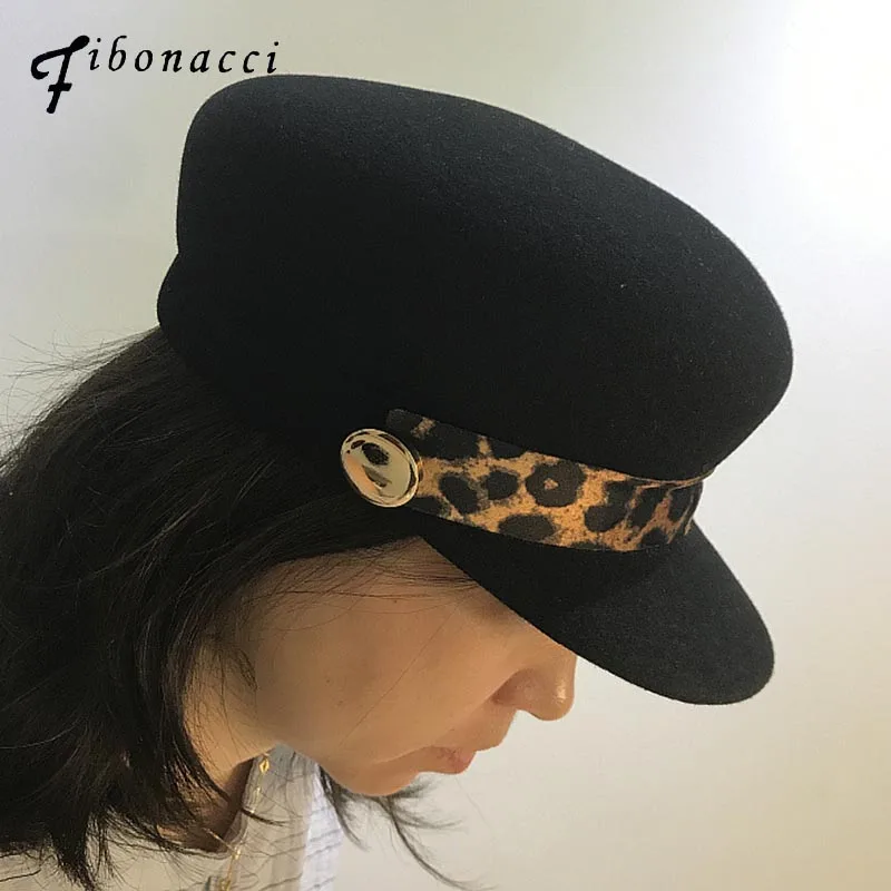 

Fibonacci fedoras high quality fashion wool felt hats leopard print belt decoration black hat women fedora equestrian cap