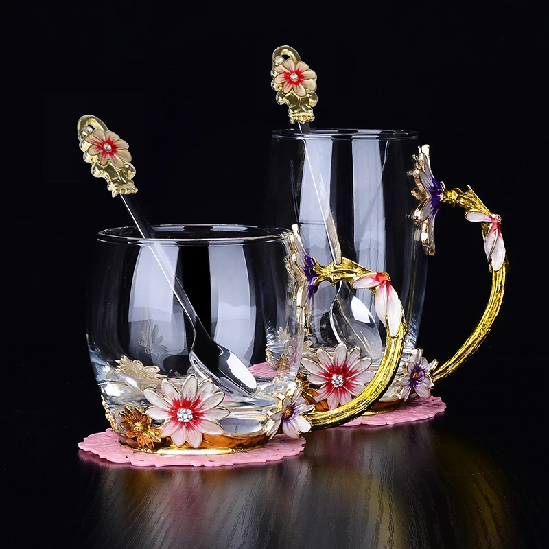 

Creative Heat Resistant crystal mug Enamel Glass Mug Flower Tea Set Coffee Cup Water Milk Coffee Drinkware For Gift lw424343