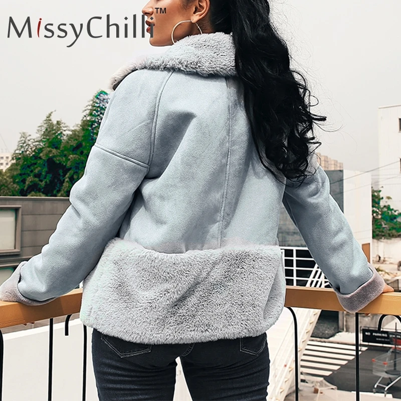 MissyChilli Faux fur patchwork leather suede coat Women autumn casual chic winter zipper coat female fluffy teddy coat outwear
