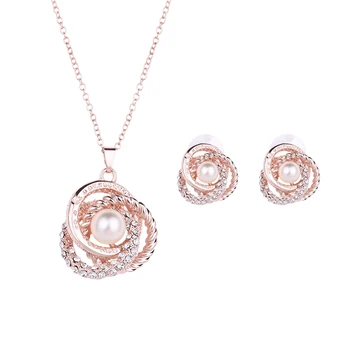 

Fashion Brand bridal women pendant Rose Gold Necklace Earrings Pearl in set Jewelry 2 Piece Set for party Anniversary
