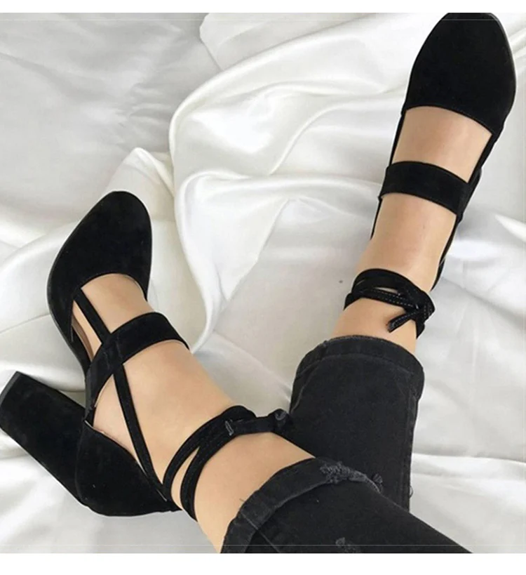 Women's Sexy Round Toe Lace-Up Thick High Heels Black 1