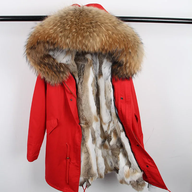 Зимняя куртка с подкладкой из кроличьего меха, пальто, длинная парка с капюшоном, женские парки, верхняя одежда, большая Зимняя парка с воротником из натурального меха енота - Цвет: MK-18