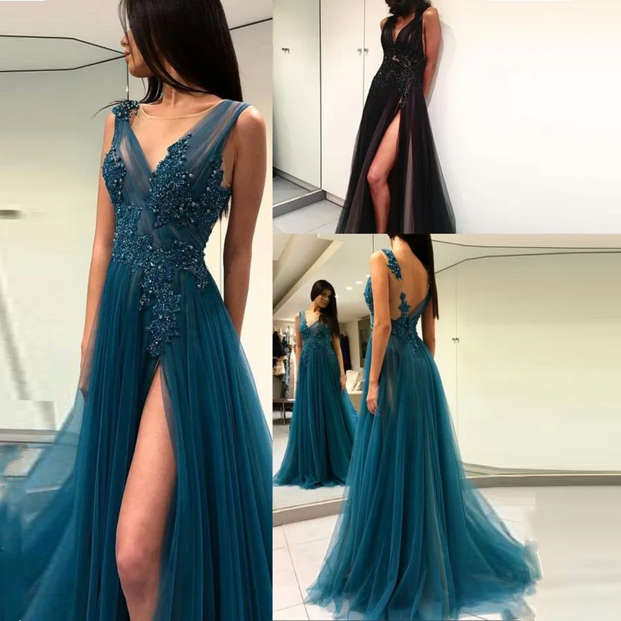 

Sexy Split Soft Tulle Applique Beading O-neck Prom Dress Backless Pearls Bridal Party Dress Long Formal Evening Dress