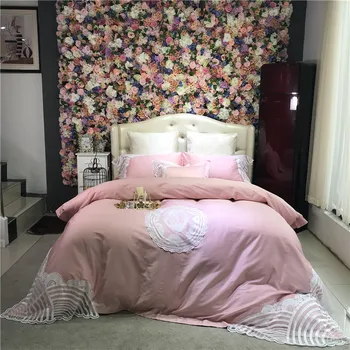 

High grade Pink Khaki luxury White Lace Embroidery 80S Egyptian cotton Bedding Set Duvet cover Bed sheet Bed Linen Pillowcases