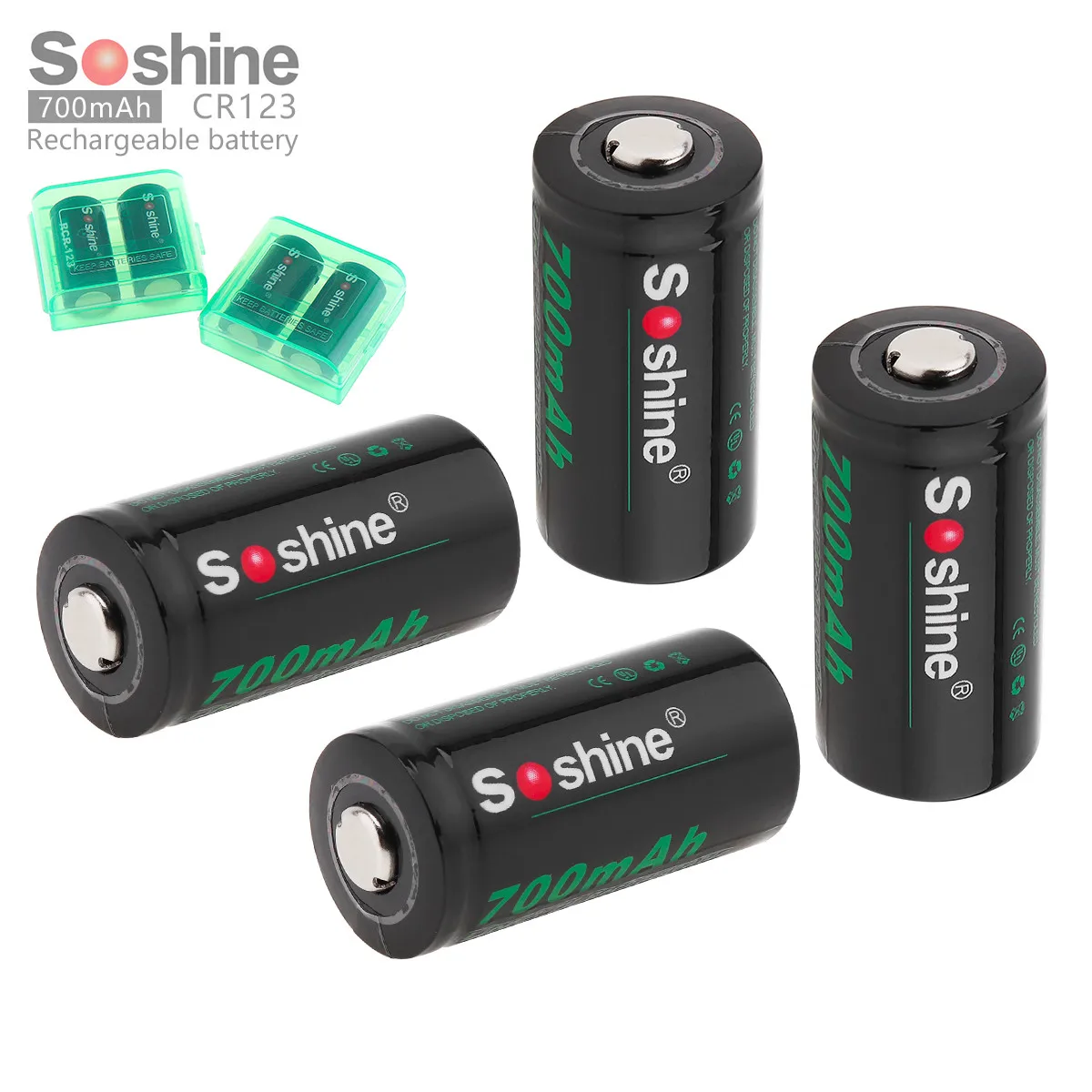 4pcs Soshine RCR123 16340 700mAh Li ion Rechargeable Battery with 2 x Battery Storage Box Case