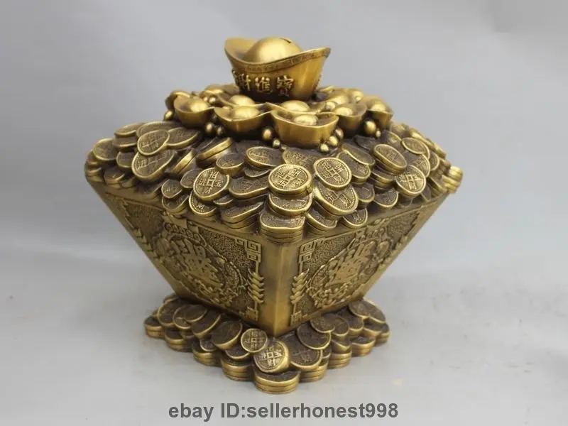 

Chinese Pure Copper Two Fish Coin Feng Shui Attract Wealth Treasure Bowl Statue 5.19