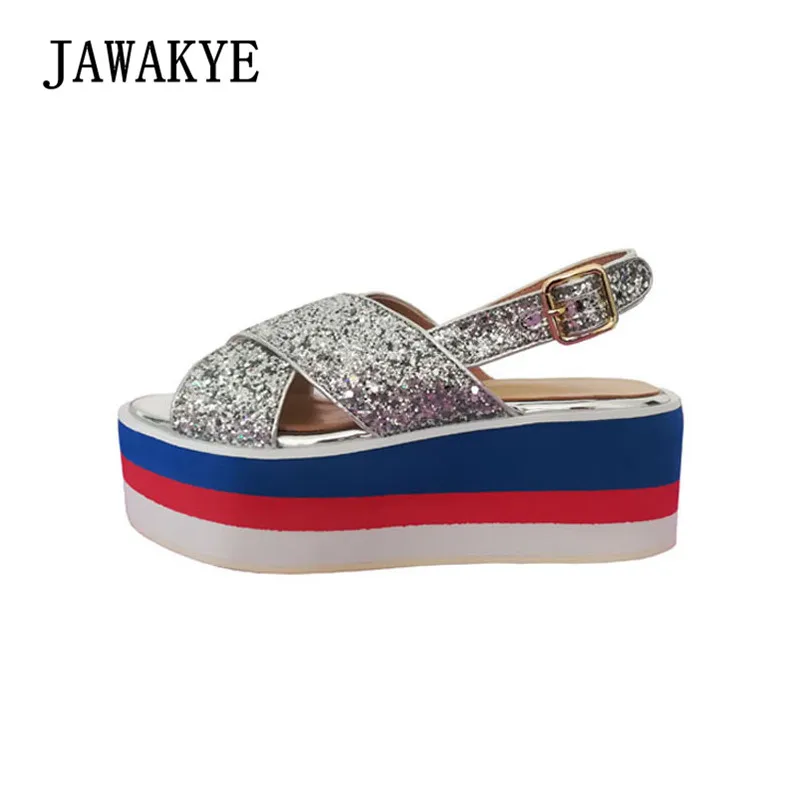 

Bling Silver Cross Belt Platform Sandals Women Mixed color Thick Bottom Peep Toe Buckle wrap Summer Wedge Platform Shoes