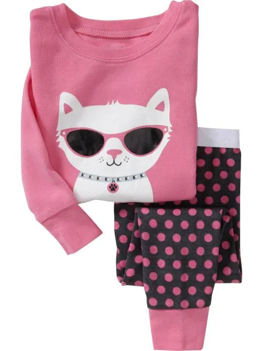 

P93, Cat, Children girls pajamas, long sleeve cartoon sleepwear sets for 1-7 year