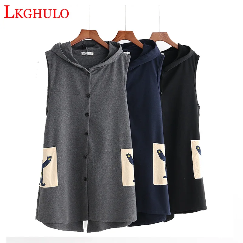 

LKGHULO Plus Size XL-3XL Women Hooded Vest Sleeveless Coat Spring Autumn Draped Print Single Breasted Tops Big Size A478