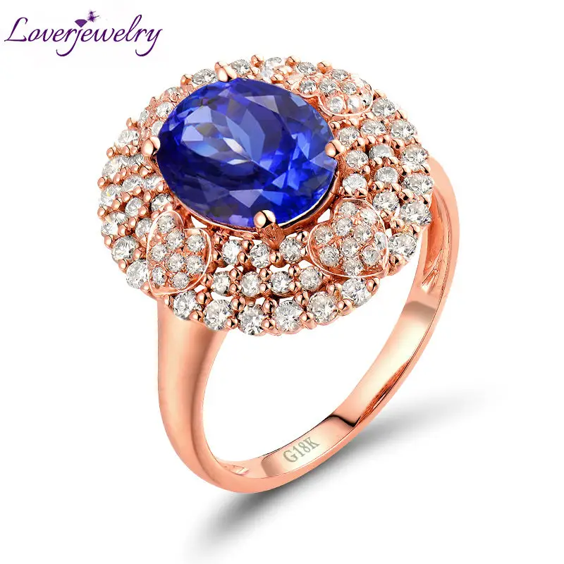 

LOVERJEWELRY Tanzanite Rings For Women Real 18k Rose Gold Genuine Diamonds Blue Tanzanite Ring Anniversary Engagement Jewelry