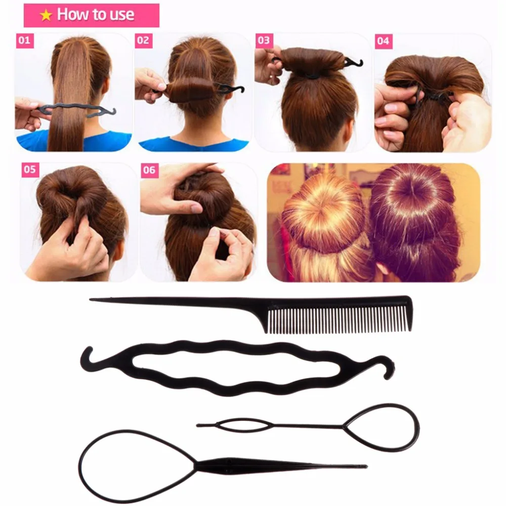 4 Pcs/Set Hair Styling Clip Bun Donut Twist Braid Ponytail Maker DIY Comb Tools Headbands For Girls New 2018