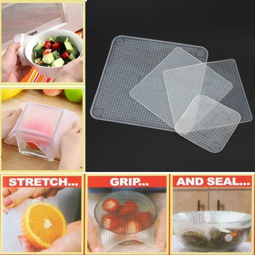 Hot 4Pcs/Lot Clear Reusable Silicone Food Wraps Seal Cover Stretch