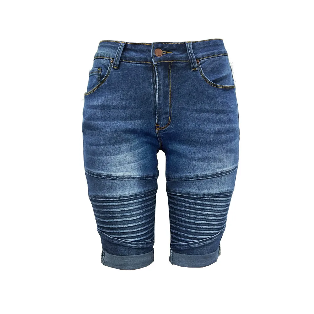 Helisopus летние женские джинсы с высокой талией облегающие до колена облегающие эластичные джинсы классические из денима синие шорты - Цвет: Dark blue