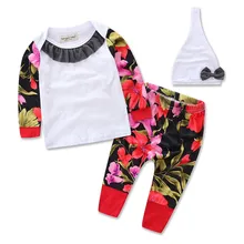 2016Xmas Spring Autumn baby girls christmas outfits children Shirt+Floral pants clothes sets Sport suit clothing set 2pcs H303