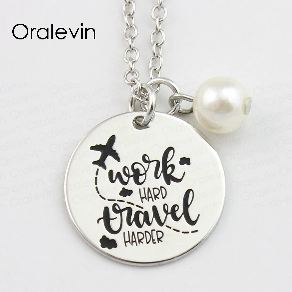 

Усердная работа путешествия более вдохновляющая ручная штампованная гравировка Подвески ожерелье подарок модные ювелирные изделия, 10 шт./лот, # LN858