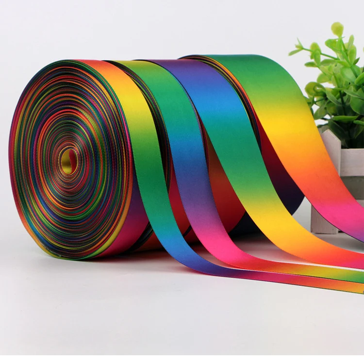 single/double side heat transfer printed rainbow ribbon gradual changing color satin ribbon different width available 50yard lot