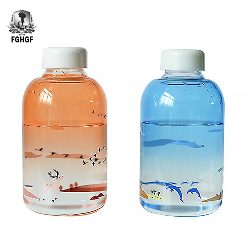 

501-600ml Fresh Sea Beach Pattern Handmade Glass Drinking Bottles Water Bottle With Bag Cute Water Bottle Morning Glass Bottle