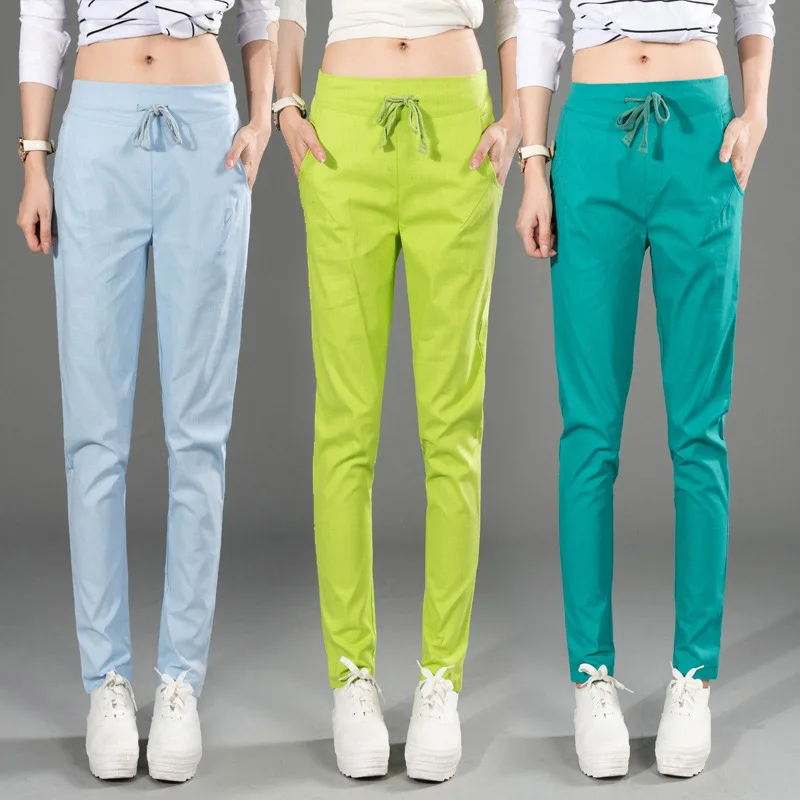 

LZMZA 2019 summer Cotton Linen Pants women fashion pockets drawstring spring trousers female Casual loose Harem pants
