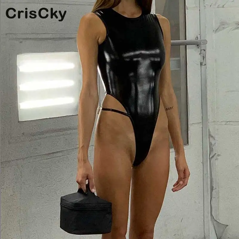 

CRISCKY New Summer Sexy Jumpsuit Ladies O Neck Sleeveless Metal Reflective PU Women Bodysuit Party Club Beach Slim Jumpsuits