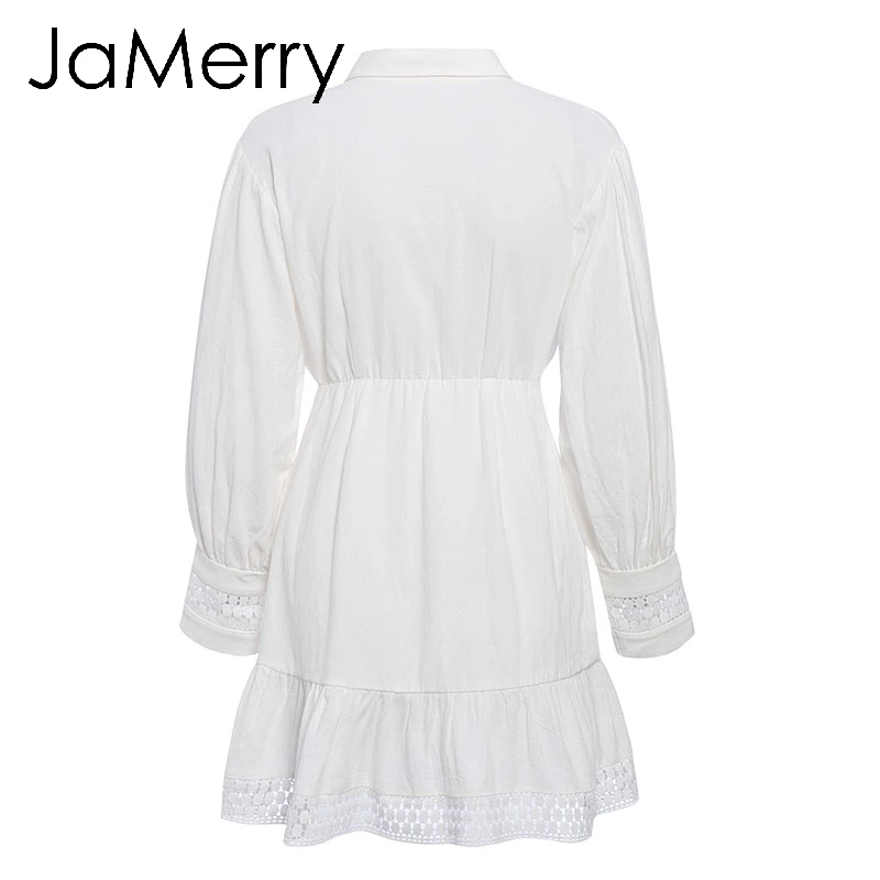 JaMerry, винтажное мини Белое Кружевное Хлопковое платье с рюшами, Элегантное открытое короткое платье с рукавом-фонариком, Осенние шикарные платья