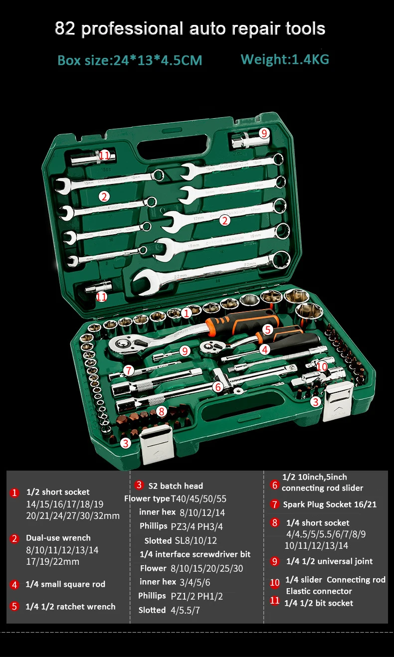 Универсальный бытовой Автомобильный ремонтный набор инструментов с пластиковым ящиком для инструментов, чехол для хранения, торцевой ключ, отвертка, набор ручных инструментов