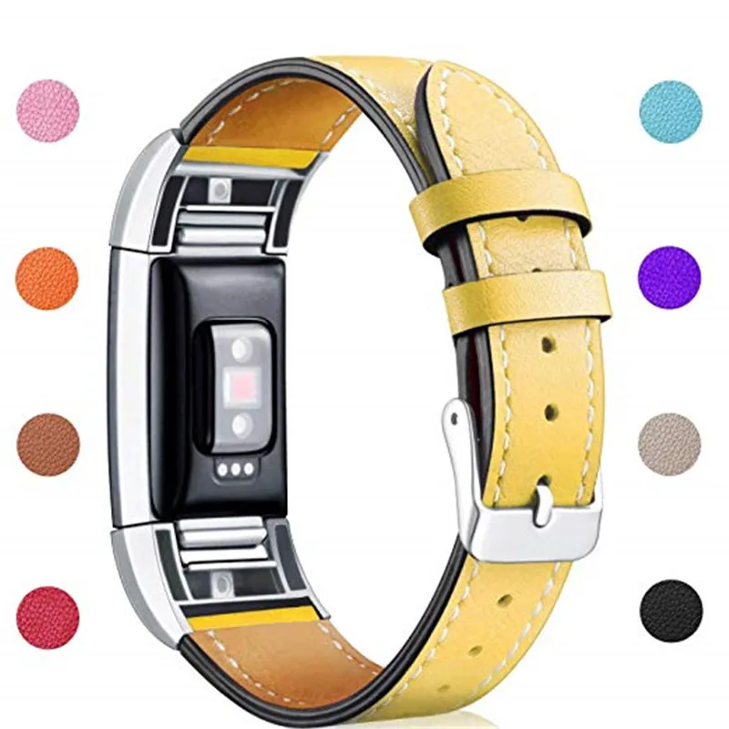 Genuine Leather Band for Fitbit Charge 2 Bands Classic Wristband Metal Connectors Fitness Strap Women Men Small Large (12)_