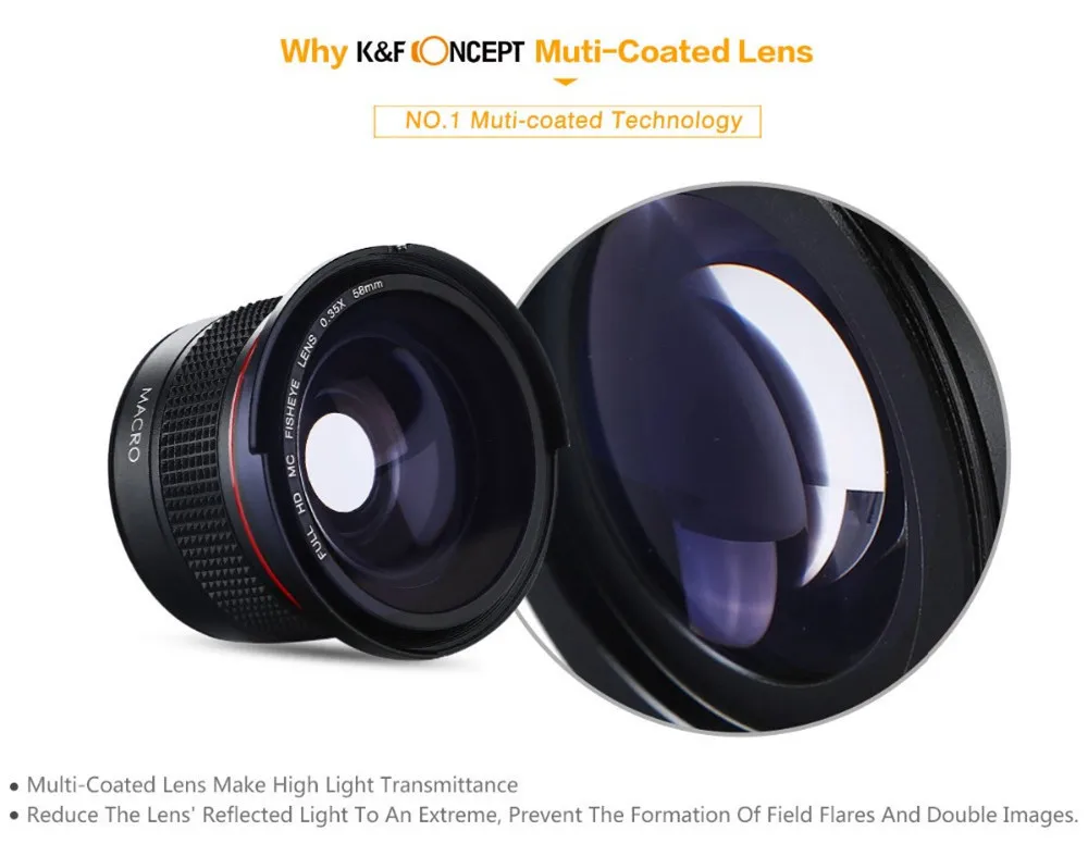 K& F концепция 58 мм 0.35X рыбий глаз Макро широкоугольный объектив ультра прозрачная синяя пленка с покрытием для DSLR Объективы камера Canon 600d Nikon sony