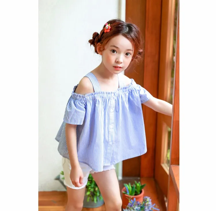 blue striped baby teenage girls shirts princess off shoulder loose cute teenage shirts Korean style spring summer autumn tops (22)