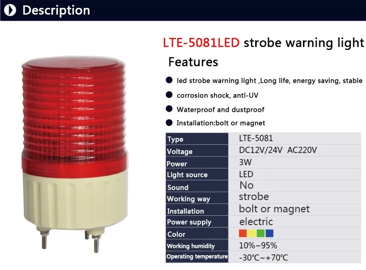 LTE-5081 сигнальный светодиодный стробоскоп 3 Вт предупреждающий светильник с болтовым основанием DC12V/24 V/AC220V аварийный Маяк сигнальный светильник лампа