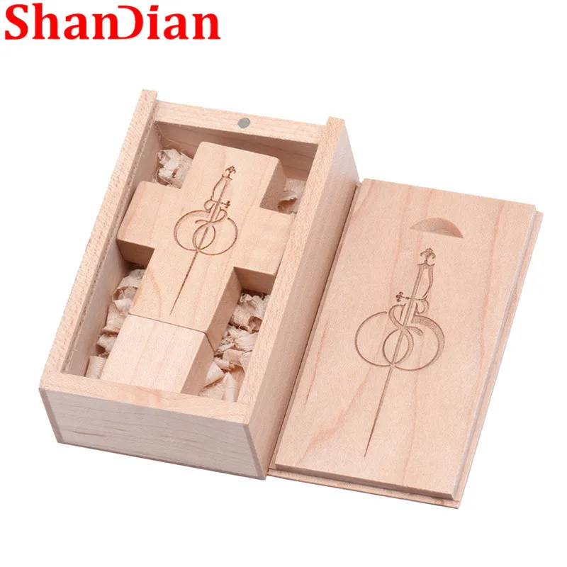 SHANDIAN логотип клиента usb накопитель в виде деревянного Креста + коробка USB флеш