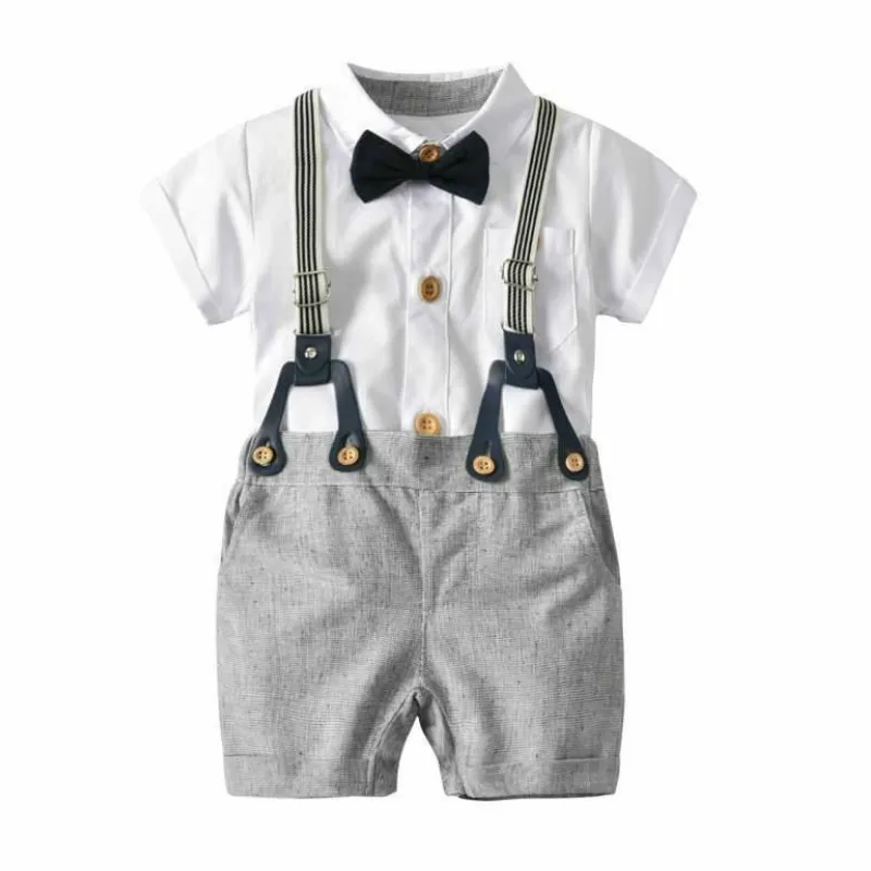 Комплект джентльменской одежды для маленьких мальчиков, летний костюм для малышей, белая рубашка с галстуком-бабочкой+ шорты на подтяжках официальная одежда для новорожденных мальчиков