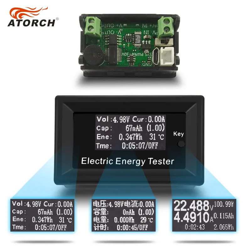 

ATORCH DC Digital Voltmeter Current Voltage Meter LCD Energy tester ammeter battery power supply capacity detection 100V 15A