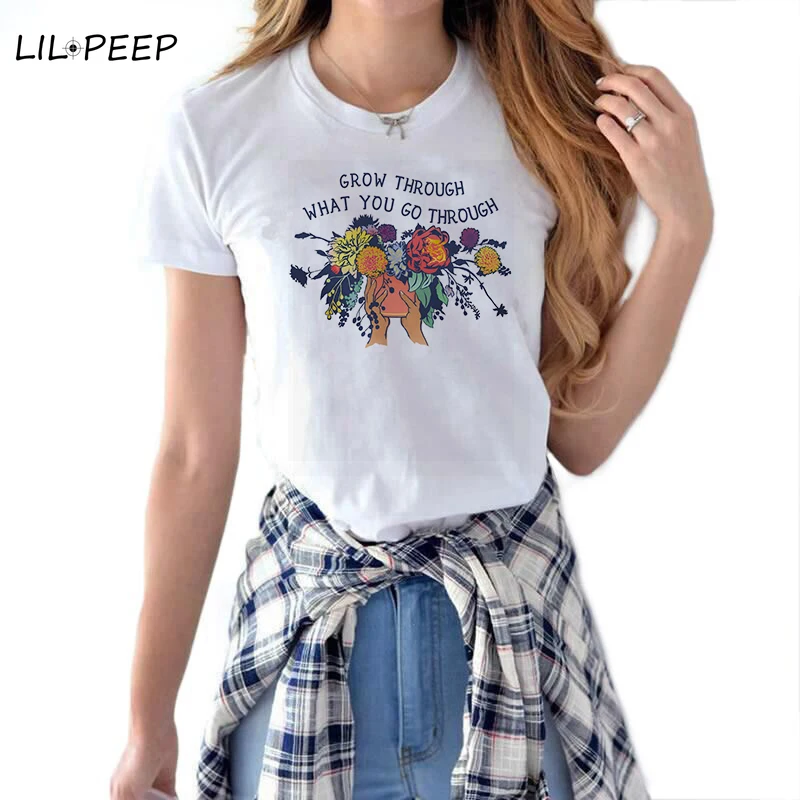 

Grow Through What You Go Through Self Care Women T Shirt Streetwear Aesthetic Harajuku Cotton Vogue White Summer Tops