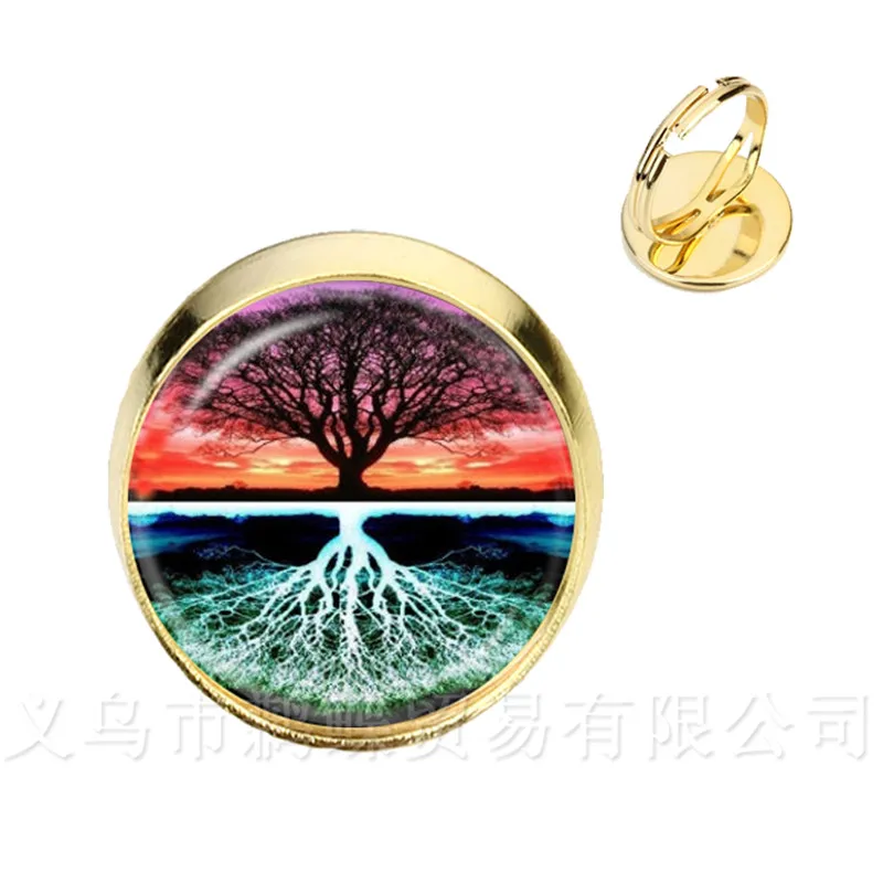 

Tree Of Life Glass Cabochon Yin Yang Rings 16mm Glass Dome Handmade Trendy Adjustable Silver/Golden Plated Rings For Women