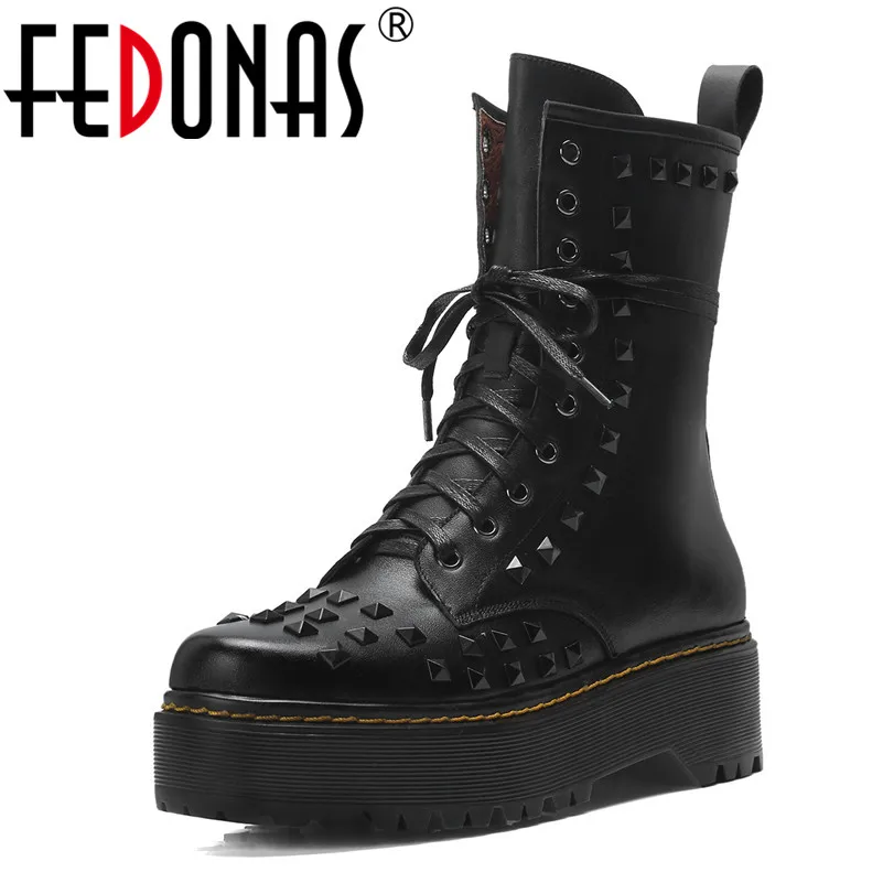 

FEDONAS Punk Genuine Leather Mid-calf Boots Women Thick High Heel Boots Sexy Women Platforms Martin Boots Autumn Winter Shoes