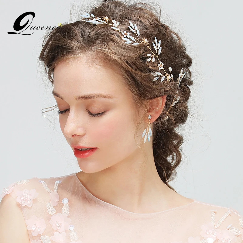 

Luxury Opal Headband with Earrings Tiara Bridal Coroa Hair Haar Accessories Crystal Wedding Headpiece Pearl Hair Vine for Women