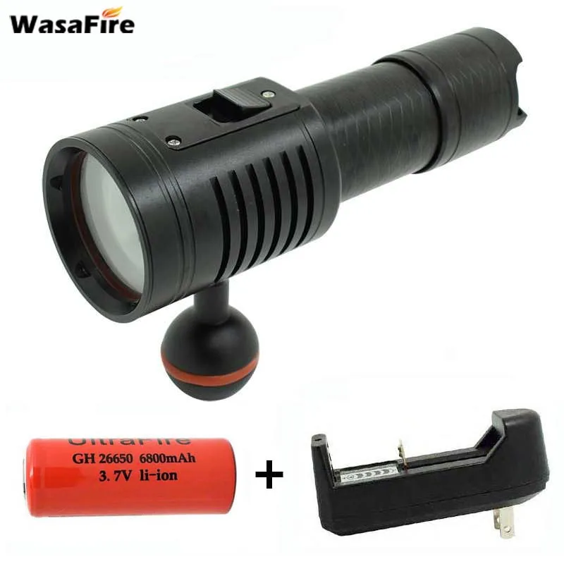 

LED Scuba Diving Flashlight Underwater Video Photography Dive Torch XM-L2 White + XPE Red Light With 26650 Battery + Charger