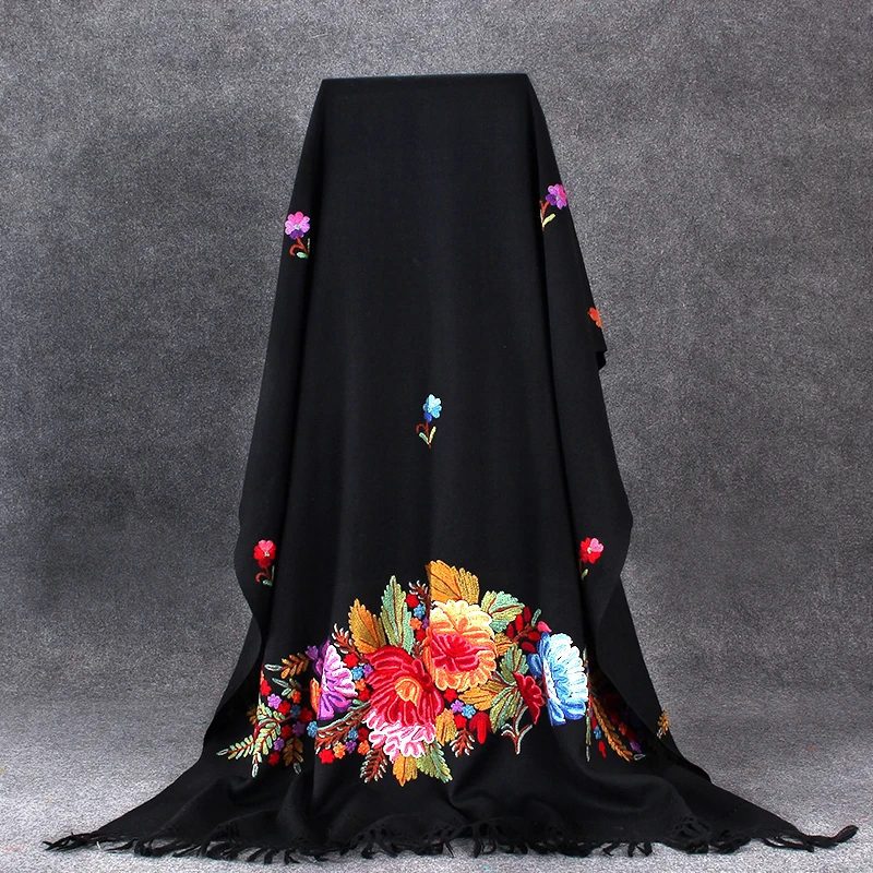 

Women Black Floral Shawls Scarf Noble Winter Warm Cape India Handmade Embroidery Wrap Pashmina Wool Soft Mantilla Long 70x210cm