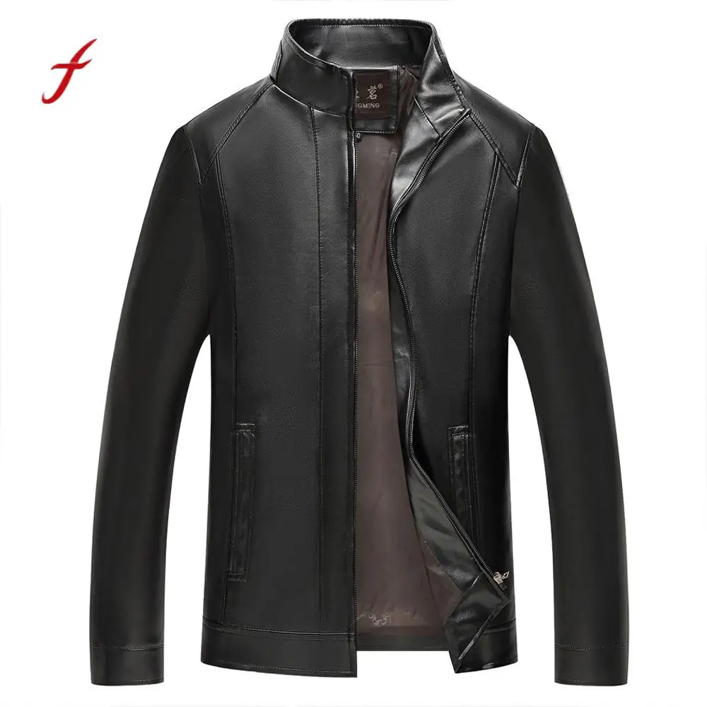 

Feitong Autumn Winter Men's Splicing Jacket Solid Zipper Stand Collar Imitation Leather Coat Tops Males Social Business Coat /PT