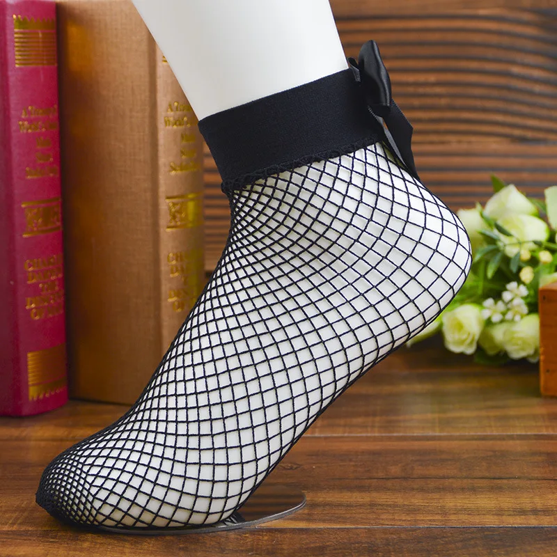 knee socks Chic Streetwear Women's Harajuku Black Breathable Bow knot Fishnet Socks.Sexy Hollow out Mesh Nets Socks Ladies Girl's Bow Sox walking socks womens