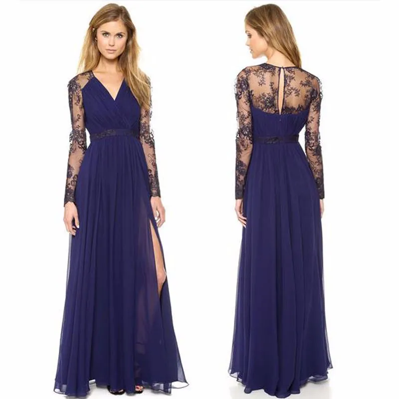 Summer-Elegant-V-Neck-Long-Lace-Sleeve-Fitted-dress-Sexy-Dark-Blue-Women-Fashion-Slimming-Chiffon