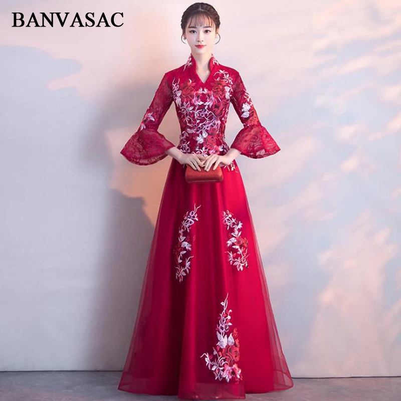 

BANVASAC 2018 High Neck Lace Appliques A Line Long Evening Dresses Party Embroidery Long Flare Sleeve Prom Gowns
