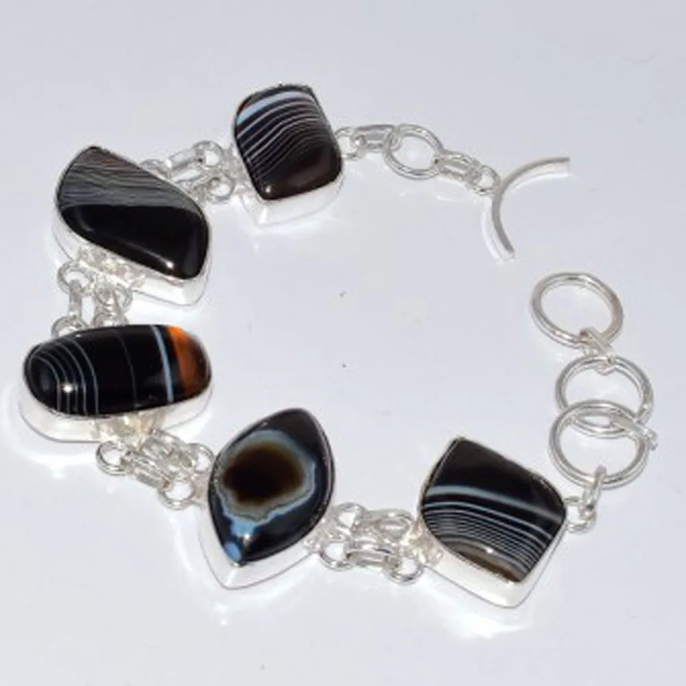 

Bostwana Agates Silver Overlay on Copper Bracelet , 21.9 cm, B3476