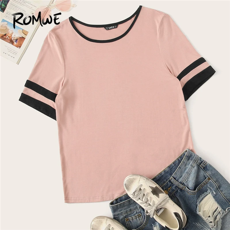 

Romwe Sport Pink Pastel Striped Short Sleeve Tee Contrast Binding Women 2019 Round Neck Running Jogging Exercise T-Shirt Tops