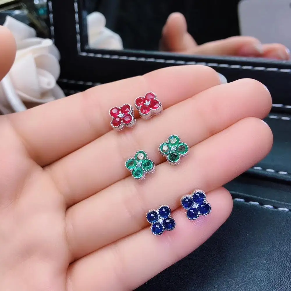 natural green emerald stud earrings Natural ruby sapphire earrings Elegant Lovely Clover S925 silver girl gift fine jewelry