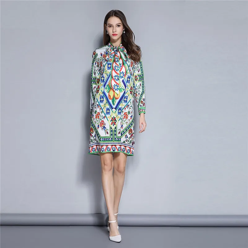

limiguyue high quality 2019 newest spring print dress women bow tie long sleeve casual shirt dresses runway female vestidos T255
