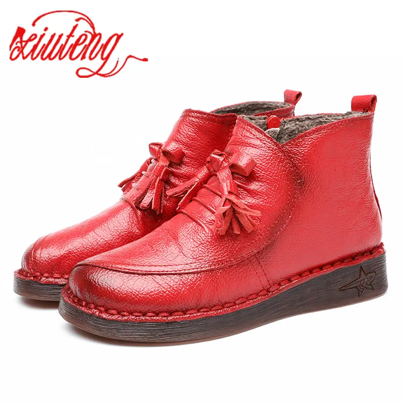

Xiuteng Natural Cow Leather Women snow Boots 2018 Handmade Retro Women inside Flock warm Shoes Winter Round top Flat Boots