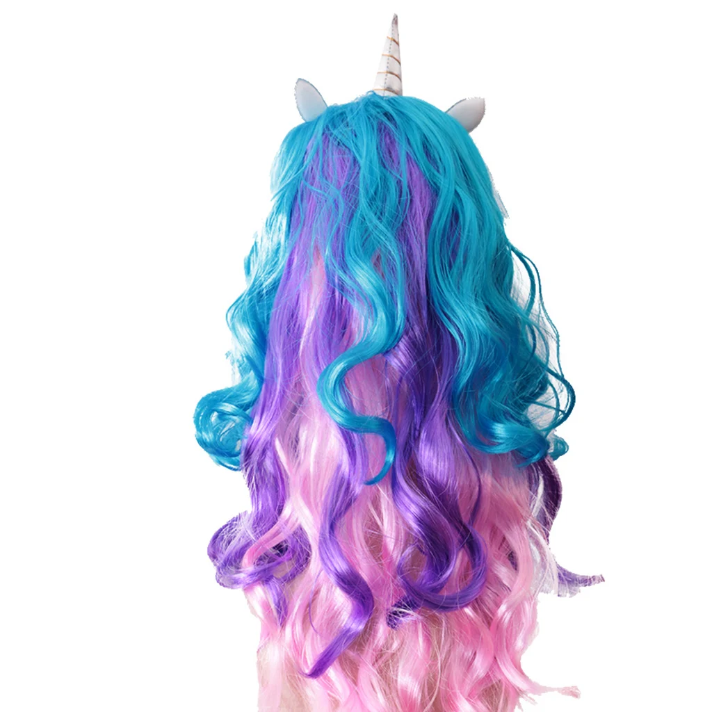 Women Unicorn Horn Long Curly Wavy Hair Wigs For Hallowmas Party Costume