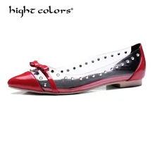 Большой Размеры 32-45 Повседневное женская обувь с острым носком заклепки лук прозрачные плоские туфли разноцветные женские туфли Лидер продаж открытые лоферы