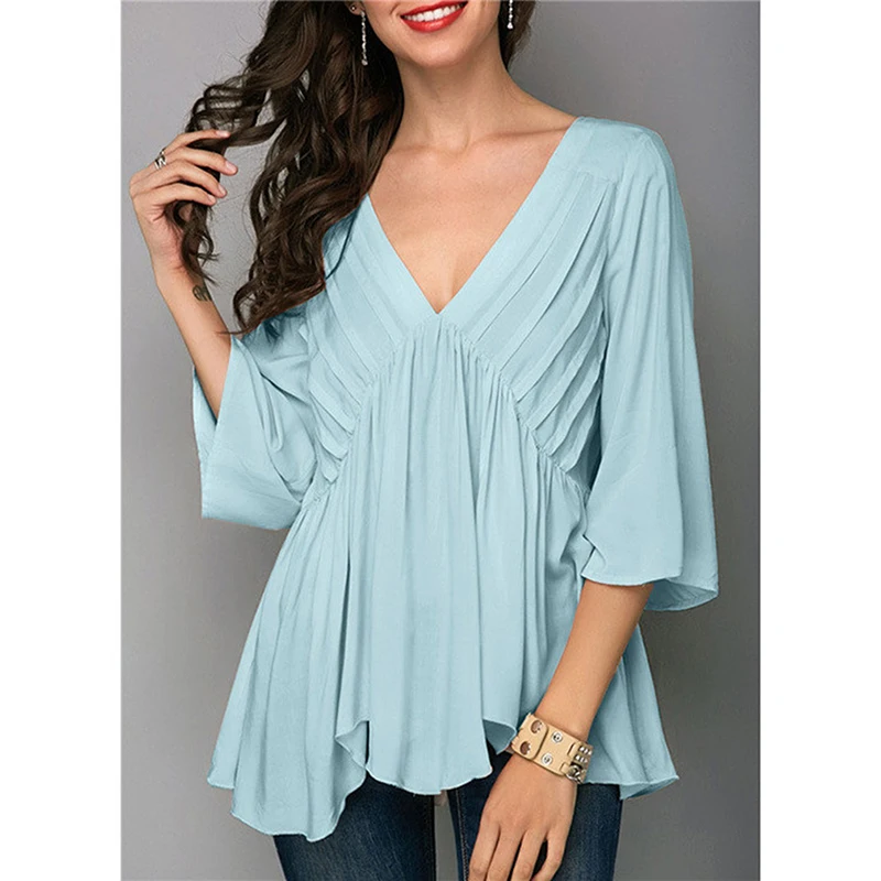 

Solid Color Blouse Female V-neck Cropped Sleeves Top Large Size XXXL Loose Wild Ladies Chiffon Blouse Fold Feminine Blouse